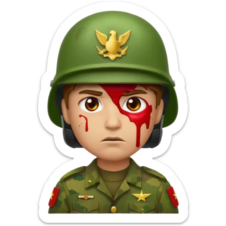 scowling soldier emoji with red skin tone, blood splatter on left cheek, wearing green helmet and military uniform, 2d apple emoji style sticker