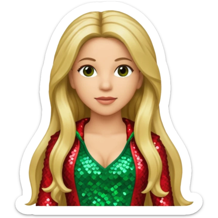 Shakira with long dark blonde hair, red green sequin outfit sticker