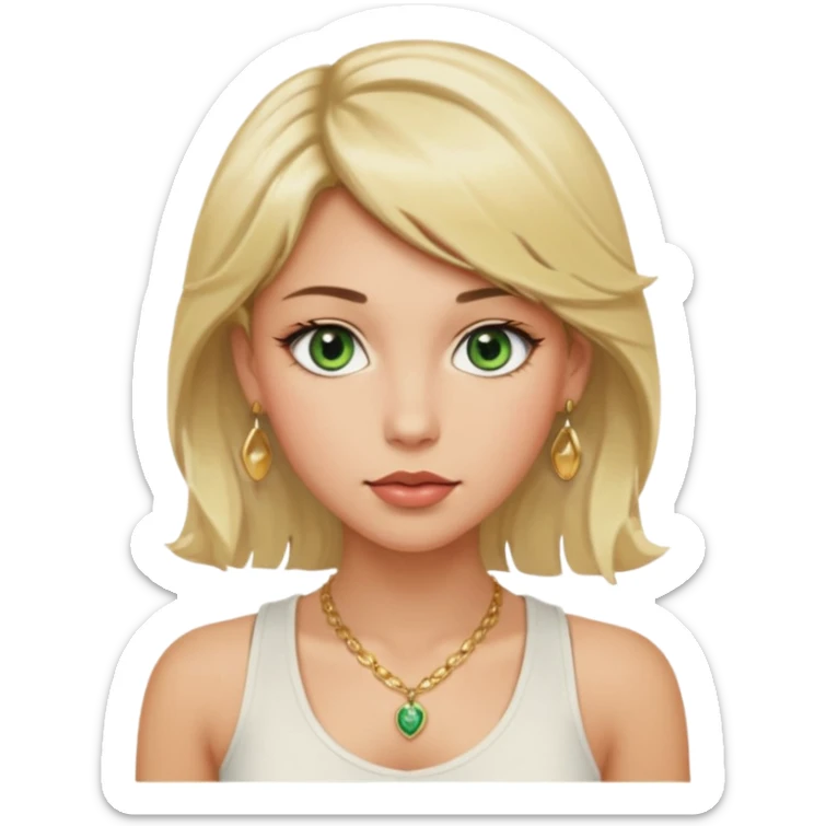 Girl with green eyes, blonde slightly wavy hair, sideswept bangs, darker roots, white but a bit tan, wearing white tank top, golden necklace and gold earrings, rosy cheeks and blushed lips sticker