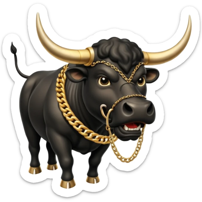 The emoji is an angry black powerful bull with steam coming out of its nose and a gold chain hanging from its neck with the inscription "bull run" sticker
