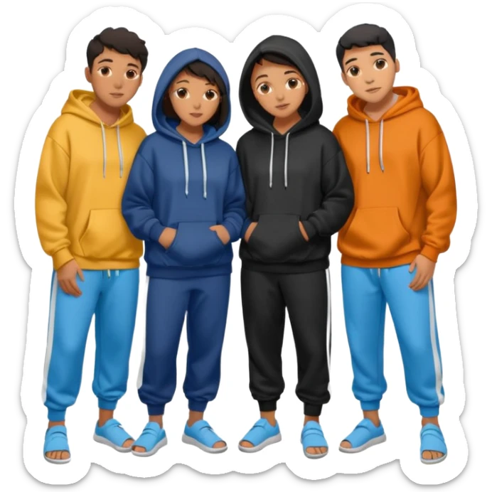 four mixed race friends all wearing oversized hoodies, sweatpants, and slides huddled together in a circle  sticker