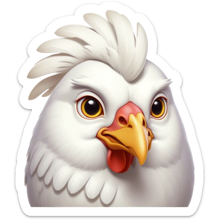 Cinematic Noble White Chicken Portrait Emoji, Poised and regal, with a compact, sturdy build and a pristine, well-groomed pure white plumage, deep-set soulful beady eyes, Simplified yet sharp and sophisticated features, highly detailed, glowing with a soft, dignified glow, high shine, intelligent and alert, stylized with an air of barnyard elegance, focused and attentive, soft glowing outline, capturing the essence of a watchful and confident fowl, so majestic it feels as though it could strut out of the screen with effortless authority! sticker