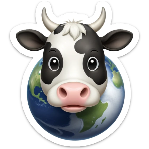 A playful cow-Saturn hybrid with the cow's head on top of the ringed planet, udders visible underneath, and legs sticking out from the sides sticker