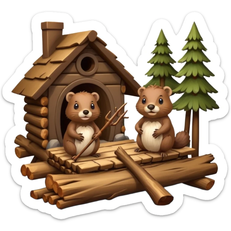 a beaver couple, one a female with a bow on her head in a beaver home made of sticks and logs sticker