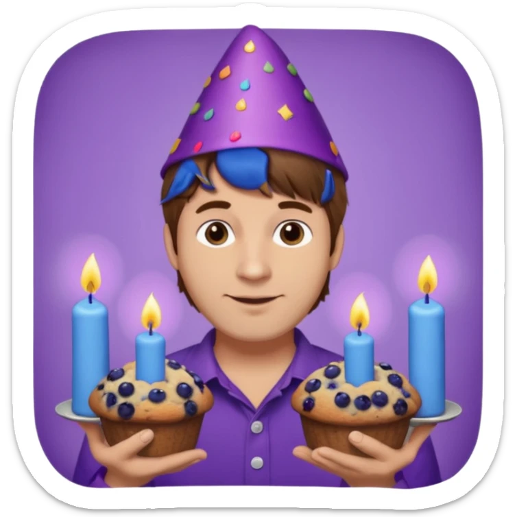 Man with brown hair wearing purple shirt and a party hat holding several blueberry muffins either candles in them  sticker
