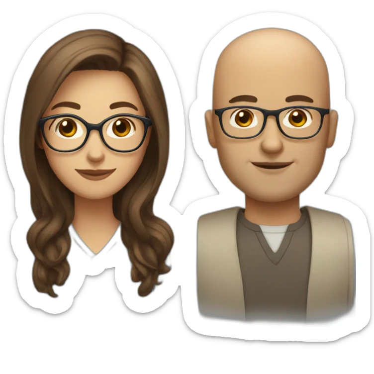 couple woman with long brown hair and bald man with glasses sticker