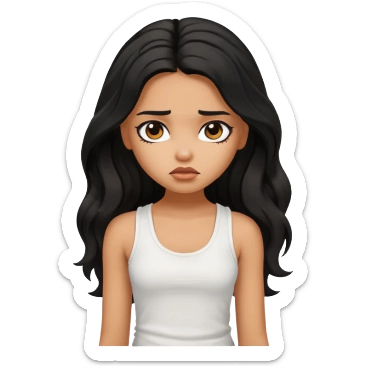 a pretty tan bratz girl with long wavy black hair, wearing a white tank topi. looking sad sticker