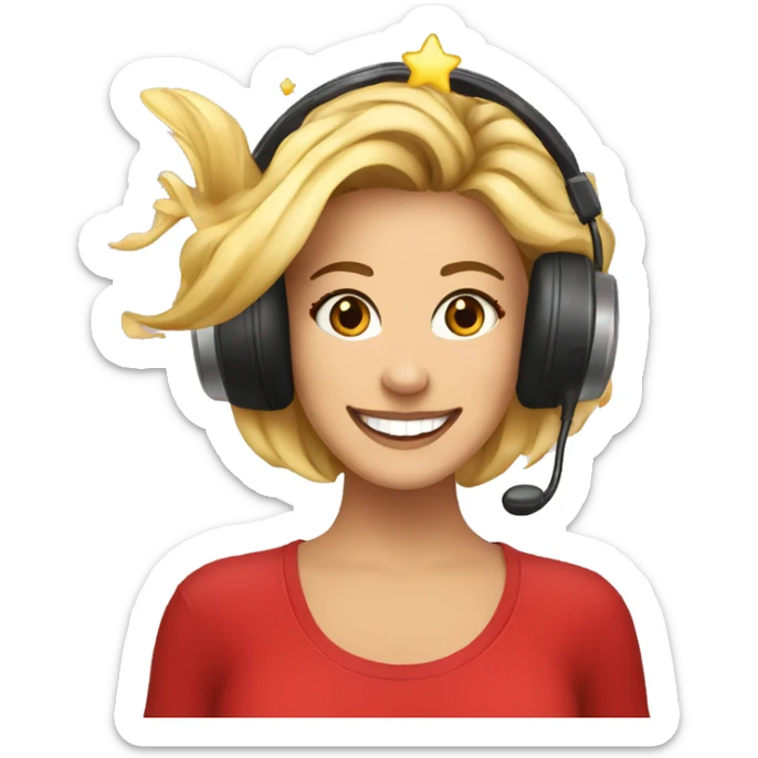 A radio DJ with sparkles on her face and stars in her hair. She is smiling and wearing a t shirt with a tuna fish on and red shoes sticker