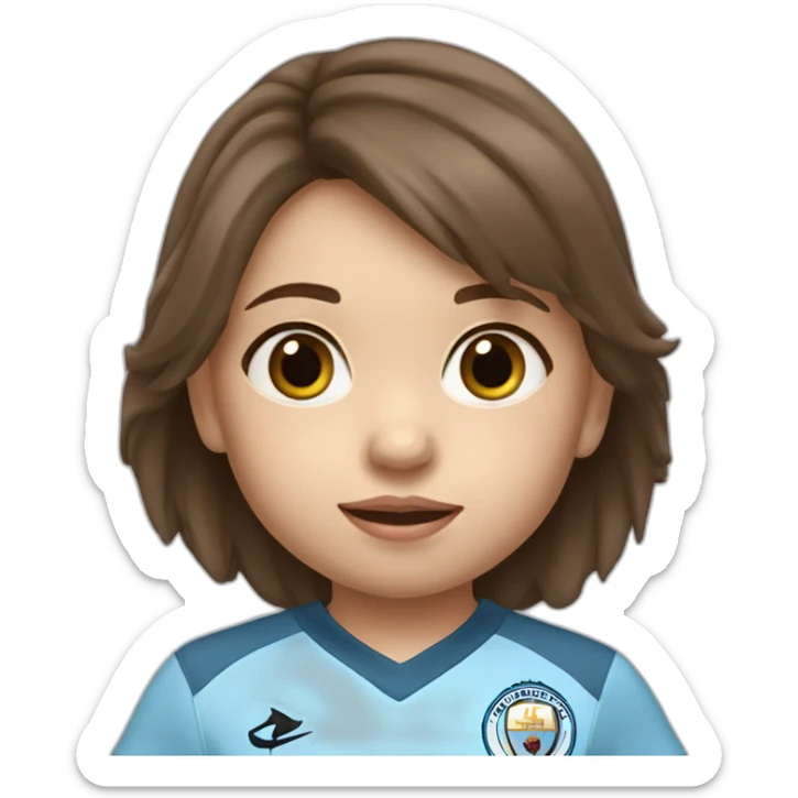 2 year old girl with brown hair and eyes wearing Manchester City football shirt sticker