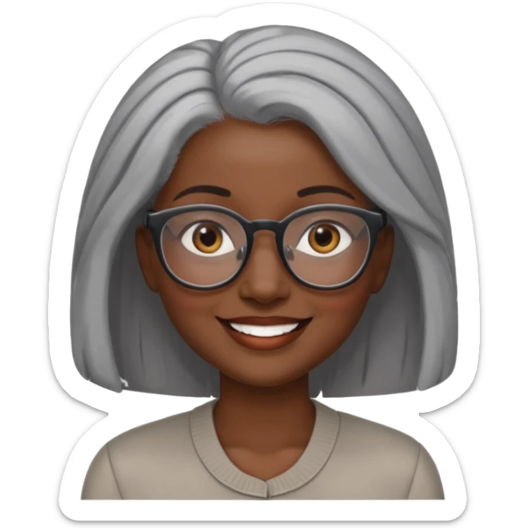 smiling dark black woman wearing glasses with lots of gray hair a sticker