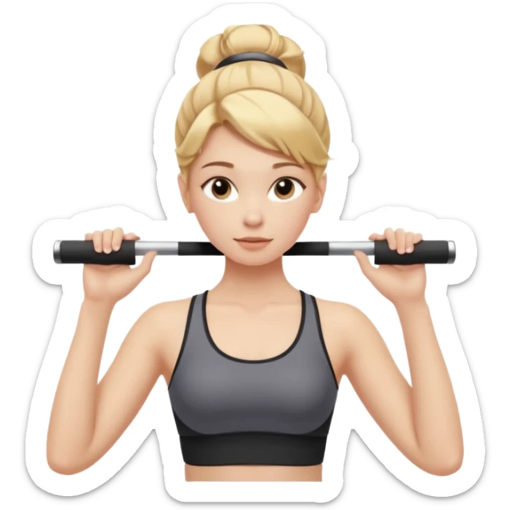 Cinematic Realistic pilates Girl Portrait, depicted with lifelike skin texture, subtle rosy undertones, and soft natural lighting that enhances the gentle contours of her face. Her intricately detailed golden blonde hair is elegantly styled in an updo, sticker