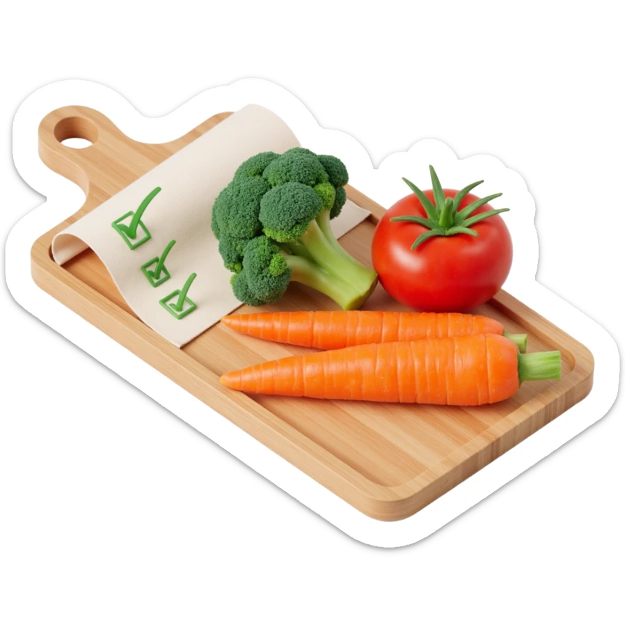 carrot tomato brocoli on the wooden cutting board with floating rolled paper list with green checkboxes sticker