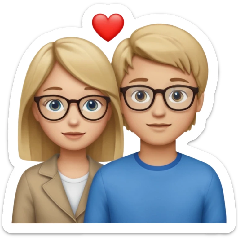 two young lovers, a heart between them, boy with brown hair and glasses, girl blonde with blue eyes without glasses, emoji style sticker