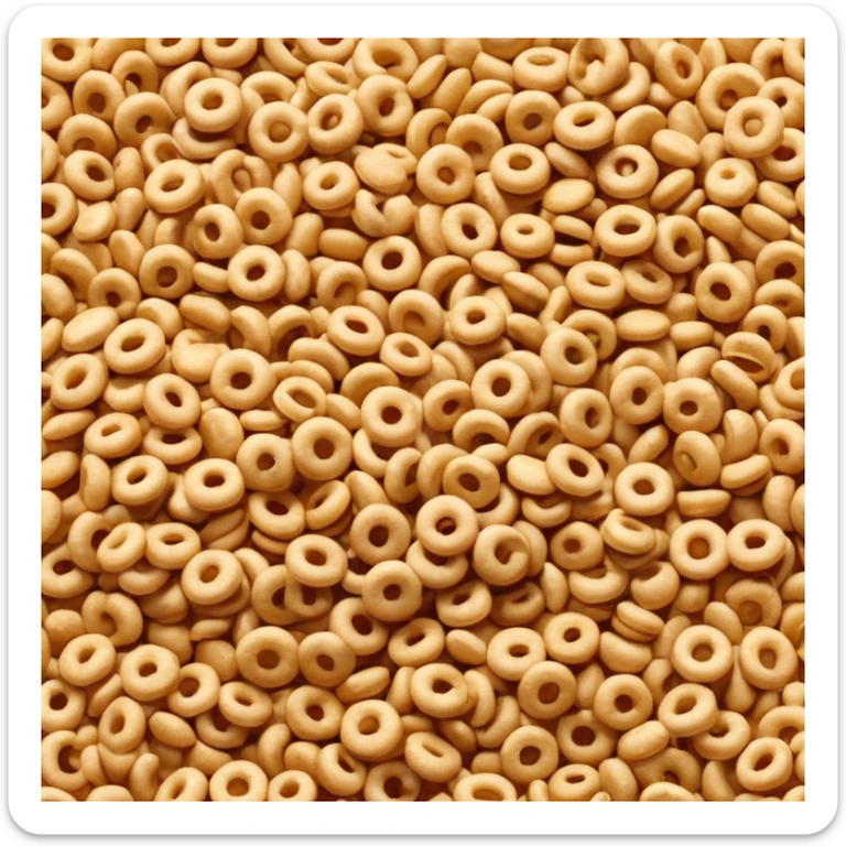 shallow pile of puffed breakfast cereal grains with varied shapes (rings, pillows, or flakes), golden brown tones, crisp and lightly textured, soft lighting, subtle shadows, emoji scale sticker