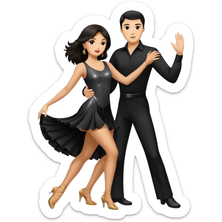 Dancesport professional latin couple dancing the rumba, the women is in skinny short sparkly dress, the man is in black shirt and black classic pants, the women has brown long hair, the man has short black hair  sticker