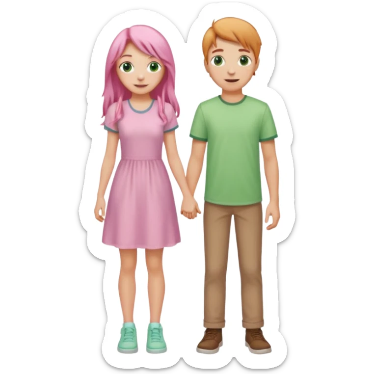 full-length happy couple, girl with long pink hair and green eyes in pastel dress, boy with light brown hair in casual shirt sticker