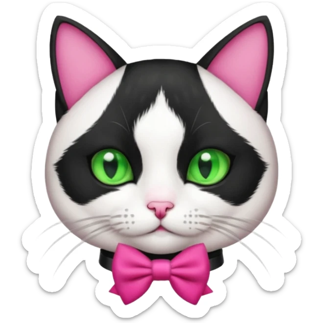 A black and white cat tuxedo breed head with green eyes she has a hot pink bow on her head  sticker