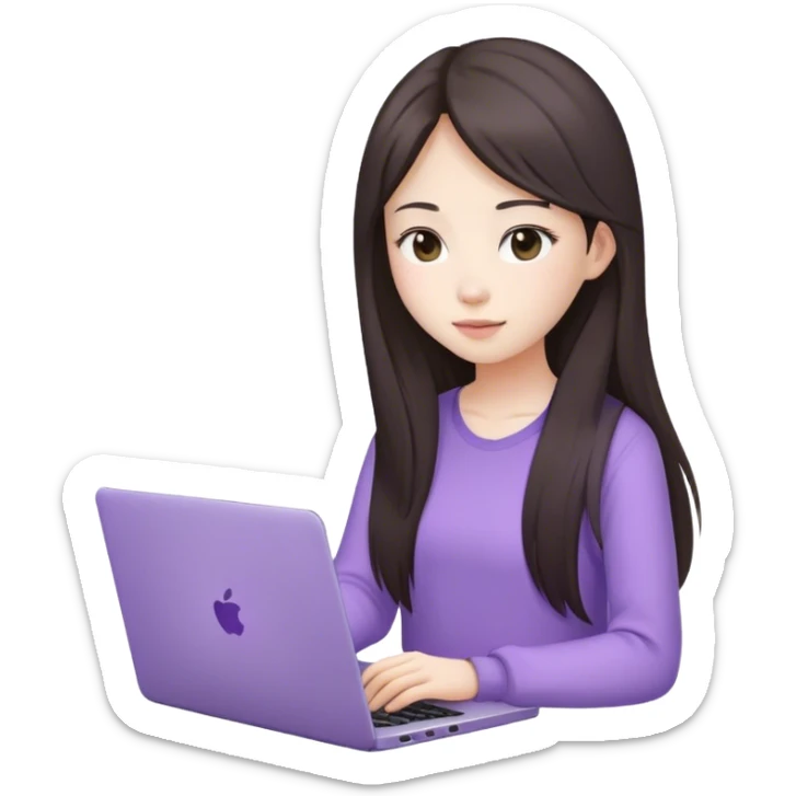 Long hair brunette Asian girl working on lavender laptop sticker