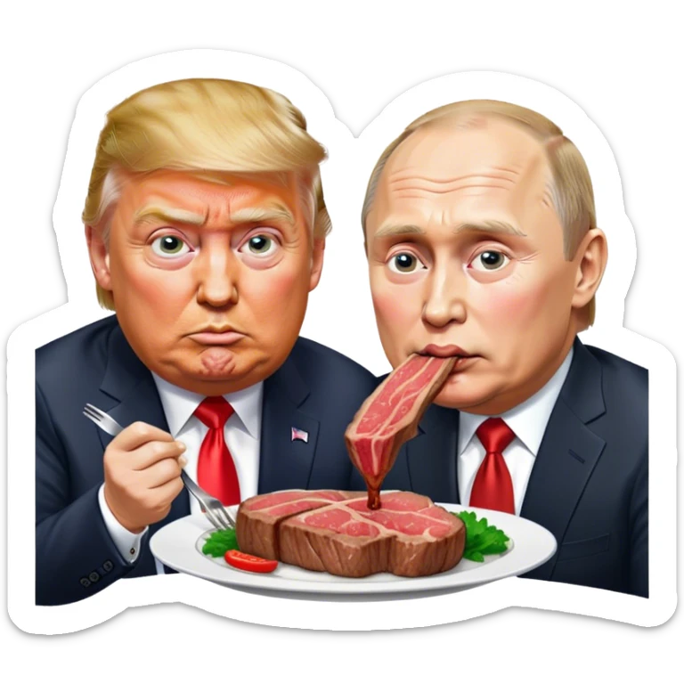 photorealistic Donald Trump and Putin eating a steak shaped like an piece of land sticker