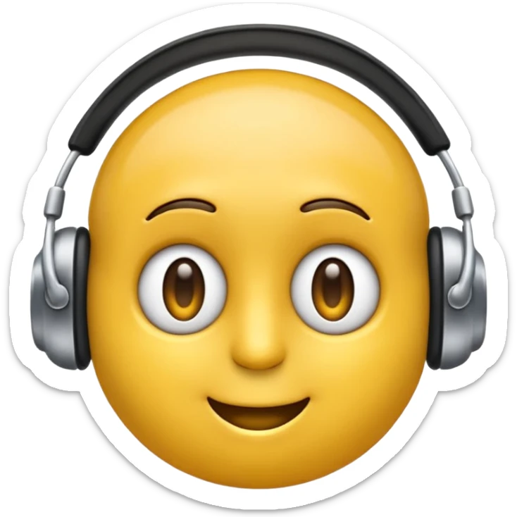 Ein gelber runder Emoji der die Augen geschlossen hat. Total im moment. Glücklich, leichtes lächeln. Verträumt. Leichtigkeit. Freiheit. Overearkopfkörer auf und im hintergrund kleine musiknoten sticker