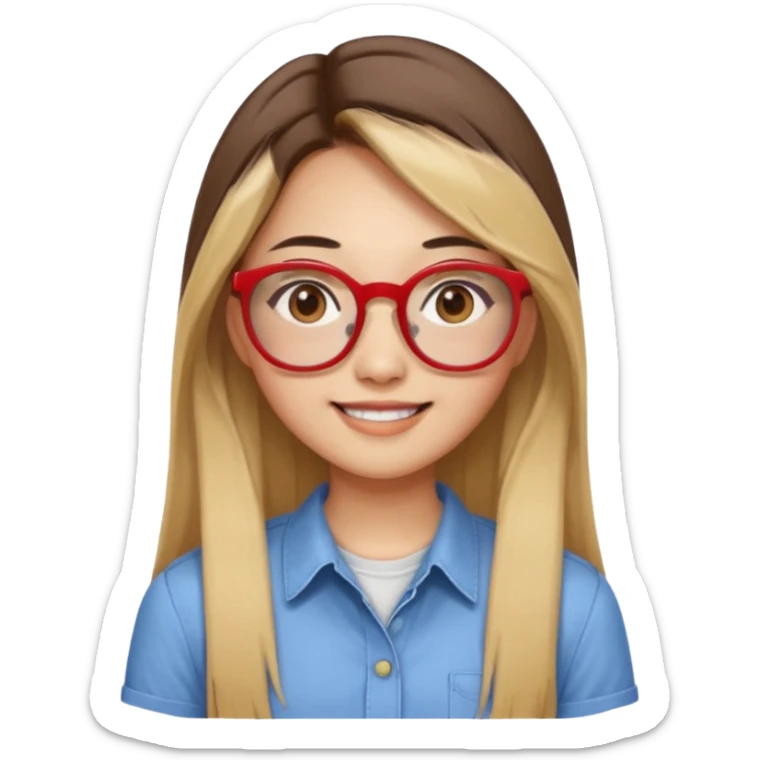 20 yr old asian woman, straight thick long brown hair, blond at ends of hair, center part to hair, big red glasses, brown eyes, casual shirt sticker