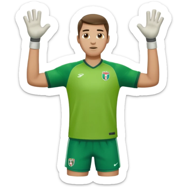 goalkeeper, standing, wearing a green shirt, shorts, socks and football boots, with arms raised sticker
