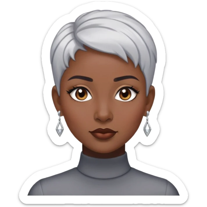 "- Nữ
- 30 tuổi
- Da đen
- Tóc ngắn, nhuộm bạc
- Đeo khuyên tai
- Slay
- mặt cằm nhọn sticker