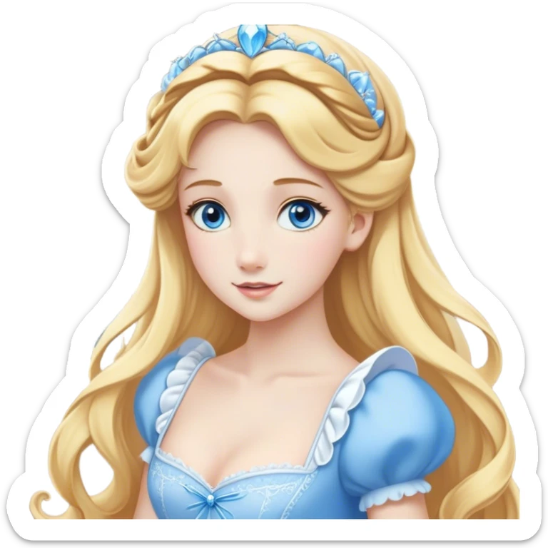 Cinematic Elegant Cinderella Portrait Emoji, Graceful and poised in her classic maid attire, golden locks cascading softly, bright blue eyes full of hope, a gentle glow of kindness and determination, delicate and humble yet undeniably beautiful, evoking the moment before her magical transformation, pure enchantment in her gaze! sticker