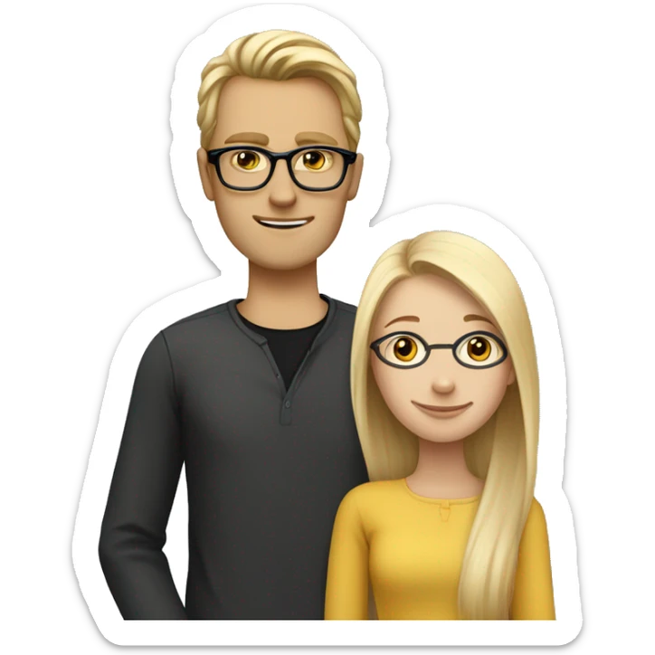 A Swedish girl with blonde long hair in a ponytail who loves an English tall skinny guy with rectangular black glasses, BROWN shoulder length  hair sticker