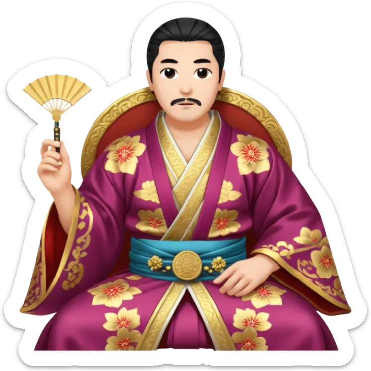 Wealthy warlord in ornate kimono, crest on chest, seated with fan in hand. sticker