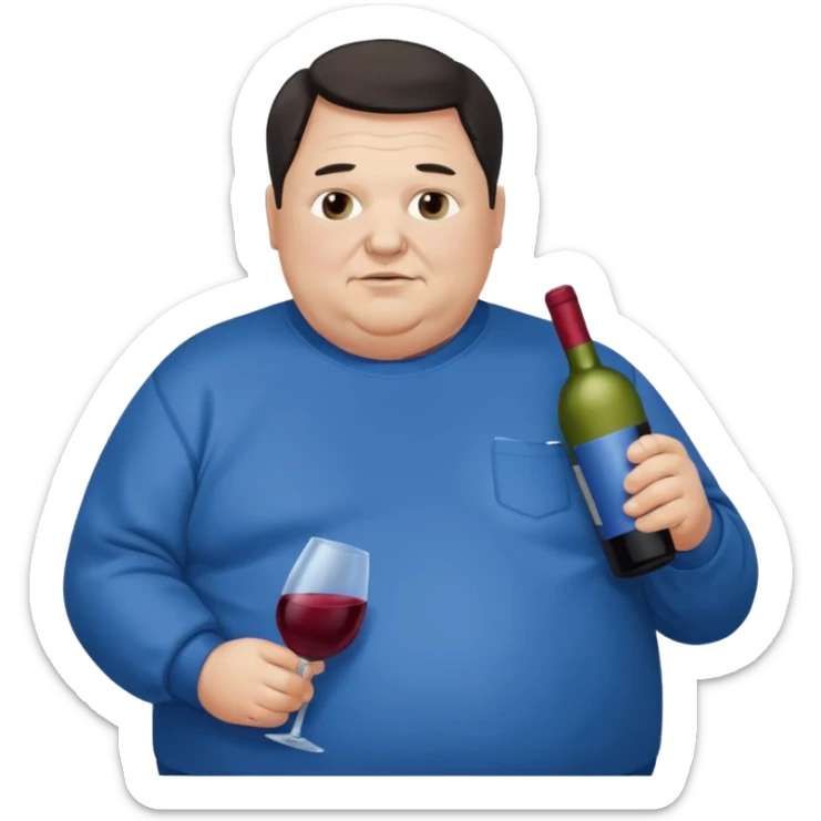 Morbidly obese older man dark hair with blue sweatshirt holding bottle of wine sticker