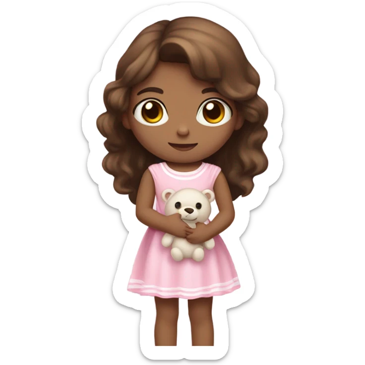 Little Girl with White skin, black eyes.  brown hair with. She is wearing a pink and White dress, standing and holding on to a teddybear. sticker