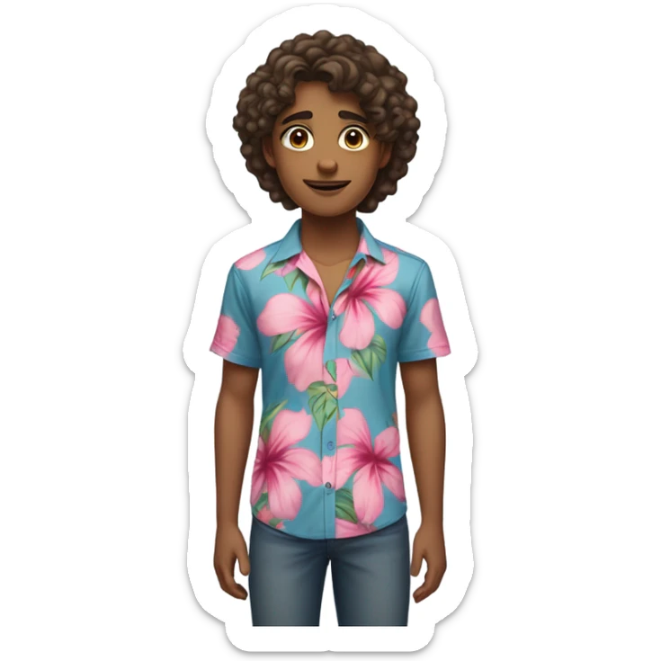 a teenager with wavy hair long eyelashes and a blue and pink hibiscus flower shirt brown eyes standing straight looking at the camera not smiling  sticker