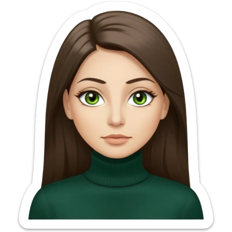 40 year old Adult woman avatar, light skin tone, oval face, long straight ashy brown hair, green almond-shaped eyes with dramatic eyelashes and minimal eyeliner, neutral mouth, medium straight eyebrows, small nose, smooth skin sticker
