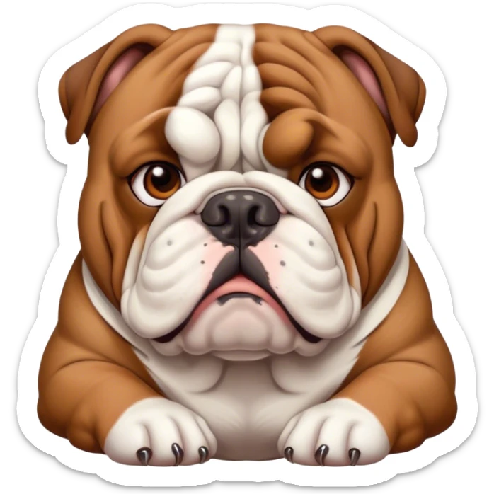 Cinematic Noble Brown and White English Bulldog Portrait Emoji, Poised and regal, with a robust, muscular build and a short, well-groomed coat of rich brown and white, deep-set soulful brown eyes, Simplified yet sharp and sophisticated features, highly detailed, glowing with a soft, dignified glow, high shine, intelligent and steadfast, stylized with an air of authority, focused and attentive, soft glowing outline, capturing the essence of a watchful and confident guardian, so majestic it feels as though it could lumber out of the screen with effortless authority! sticker
