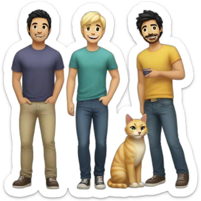 Gay couple, 1 guy Latino black hair and 1 Australian guy blonde hair with a cat laughing full body sticker