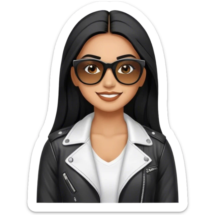 beautiful fit woman, with long straight black hair, with make up, black eye liner, smile mooth close, mexican, brown skin, wearing white tee, wearing leather black jacket, solar black wayfarer on the tip of the nose sticker