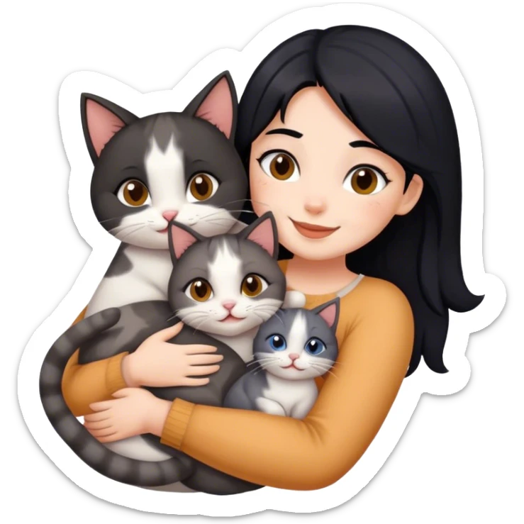 happy girl with black hair hugging three cats  (tricolour cat, gray cat, brown calico cat) sticker