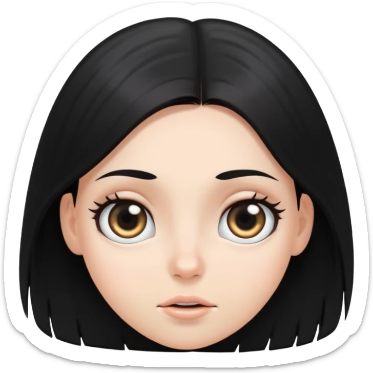 White girl face closeup with huge round eyes, long straight black hair falling in front of her bare shoulders, face closeup sticker