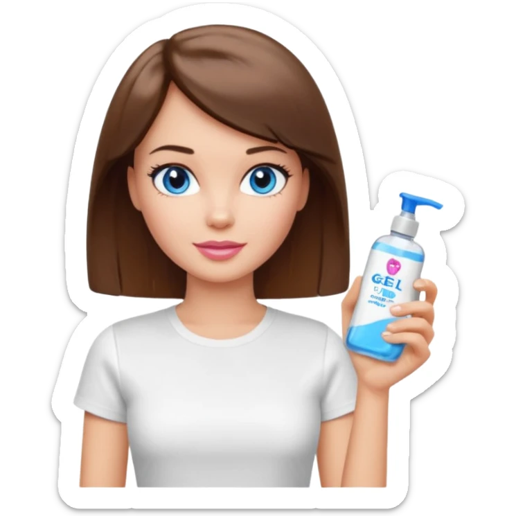Barbie girl with makeup, blue eyes , and bob long haircut, short brown hair in white T-shirt, face gel in hand sticker