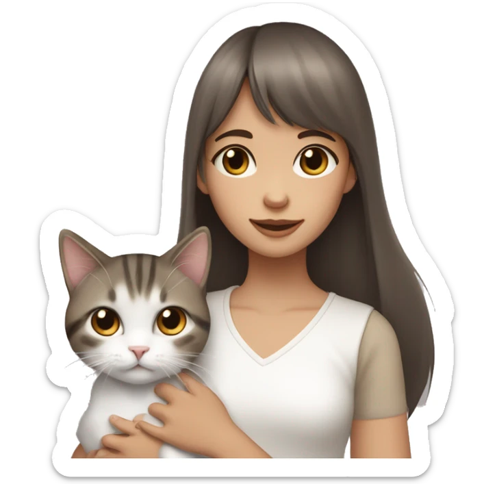 A girl with long straight brown hair and bangs, brown eyes, holding a gray and white calico cat and a tabby cat in each hand sticker