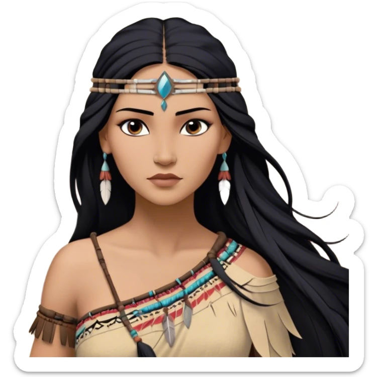 Cinematic Realistic Pocahontas Portrait, depicted with lifelike skin texture, soft natural lighting, and intricately detailed long, flowing raven-black hair that moves gracefully in the wind. Her deep, soulful dark brown eyes exude wisdom and strength, complemented by a serene yet powerful expression. She is dressed in her classic one-shoulder native american dress, with rich fabric textures and delicate beaded details that catch the light beautifully. The portrait features a soft, sun-kissed glow with a natural, radiant finish, capturing the essence of untamed beauty and deep connection to nature in a realistic and painterly style, evoking a sense of depth and authenticity. sticker