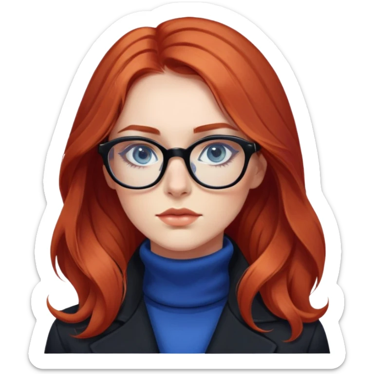 Nữ 25 tuổi, da trắng, tóc dài xoăn nhẹ màu đỏ, gọng kính màu đen, mắt kính màu xanh dương, mặt nghiêm túc, lông mi dài, trang điểm khá đậm, áo khoác cổ cao màu đen, áo trong màu trắng sticker