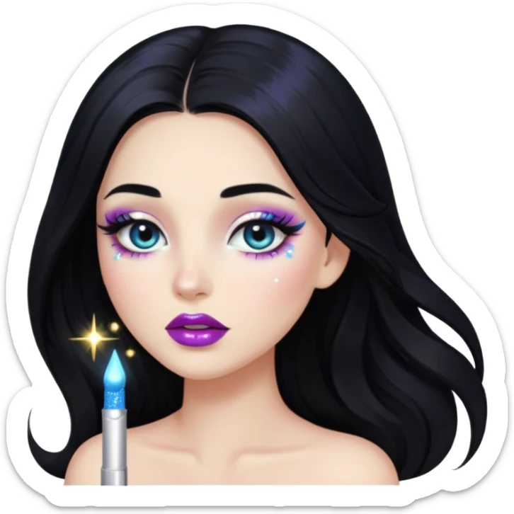 douyin long black hair glossy lips glittery iridescent white eyeshadow girl sticker