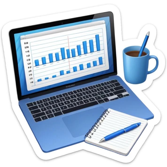 top view of a MacBook and a notebook with a pen nearby, notebook pages filled with handwritten bar charts, blue notebook sticker