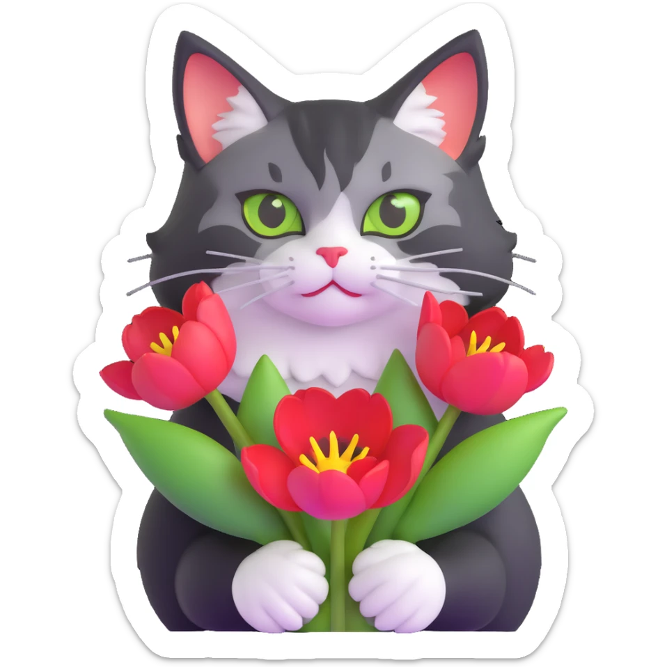tricolor fluffy cat with big green eyes holding red tulips in her arms sticker