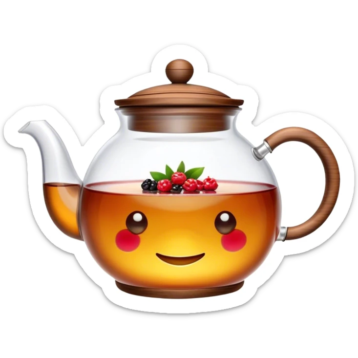 Cinematic realistic emoji with an attractive image of a transparent teapot with a realistic wooden lid filled with tea with berries, rich texture, without unnecessary decoration sticker