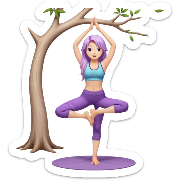 Девушка белокожая, с длинными светло-фиолетовыми волосами, в одежде для йоги, стоит в позе дерева на одной ноге, вторая нога согнута, руки вверху ладонь к ладони, в стиле бимбо пилатес, без лишних конечностей, без деревьев на фоне sticker