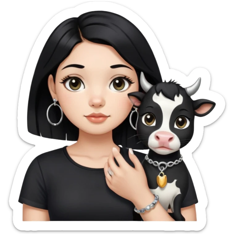 A girl with long straight black hair has upward-slanting eyeliner. She is wearing large silver hoop earrings, a black short-sleeved shirt, and a bracelet on her left hand. She is holding a cow cat with a black face  sticker