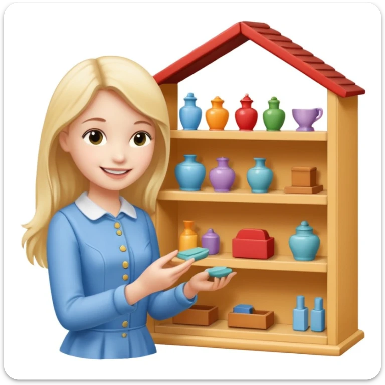smiling girl arranging furniture in doll house sticker